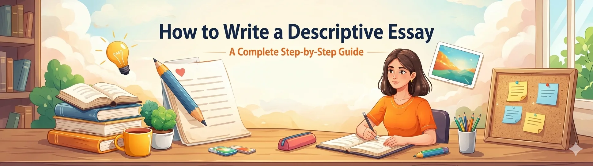 Banner illustration showing a student writing at a desk with books and stationery, alongside the title “How to Write a Descriptive Essay: A Complete Step-by-Step Guide” on a soft, creative background.