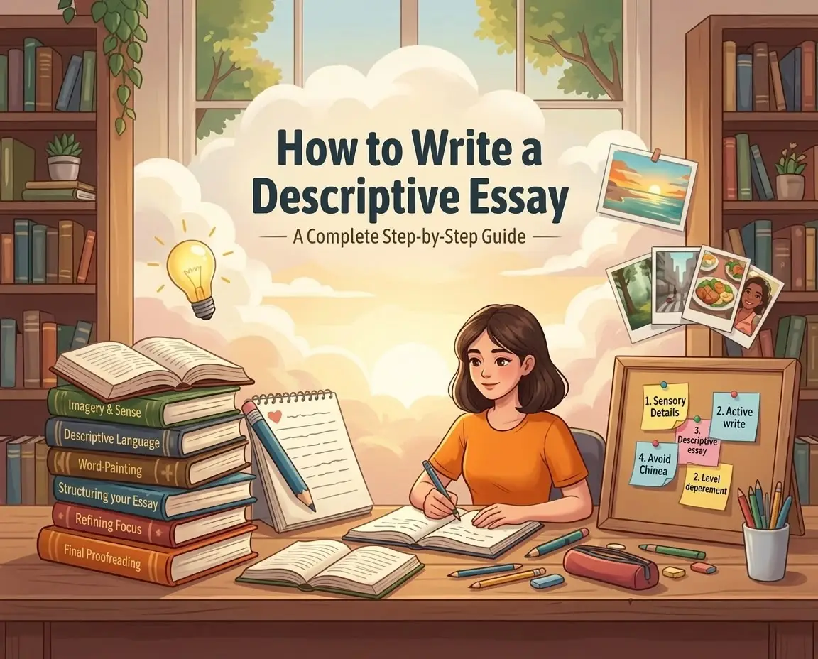 An educational illustration of a woman in an orange shirt writing at a desk, surrounded by a stack of books, a bulletin board, and a lit lightbulb, against a background of bookshelves. The text above her clearly reads 'How to Write a Descriptive Essay,' with 'A Complete Step-by-Step Guide' underneath, surrounded by clouds.