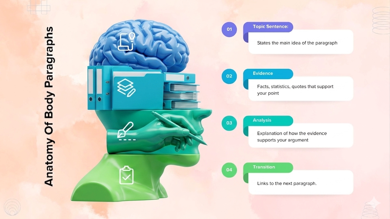 “Body paragraph structure infographic with topic sentence, evidence, analysis, and transition explained.”