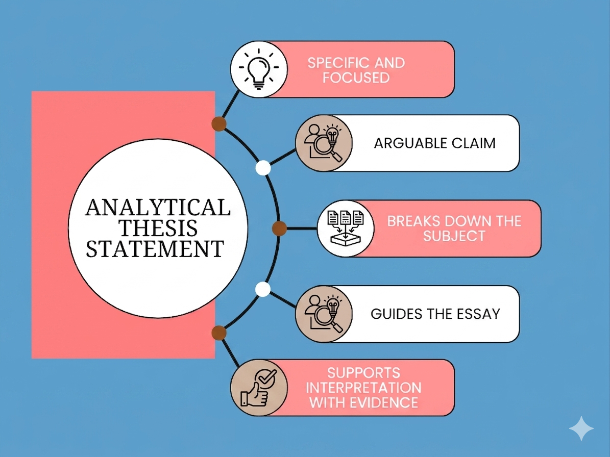 “Infographic explaining an analytical thesis statement, highlighting key features like being specific, arguable, breaking down the subject, guiding the essay, and supporting interpretation with evidence.”