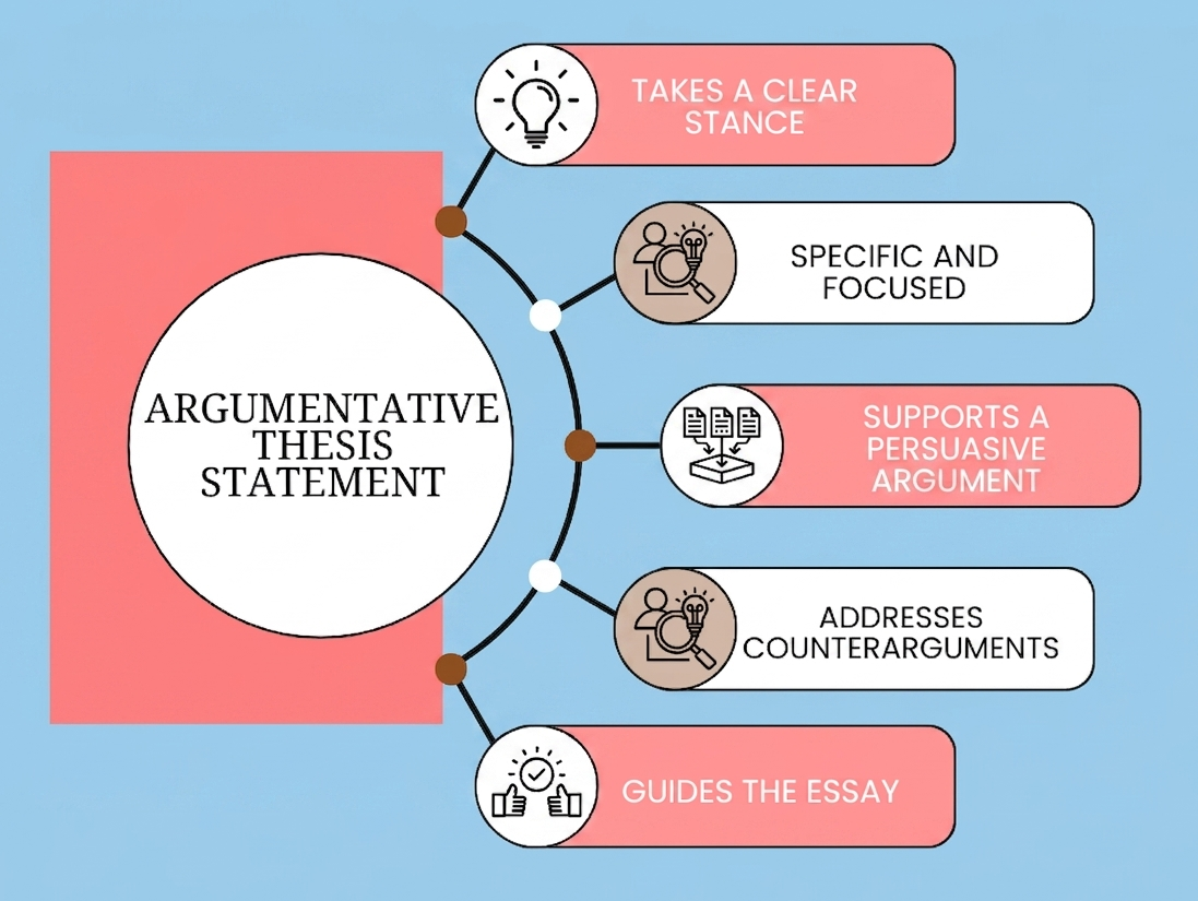 “Argumentative thesis statement infographic showing clear stance, focused topic, persuasive argument, counterarguments, and essay structure guidance.”