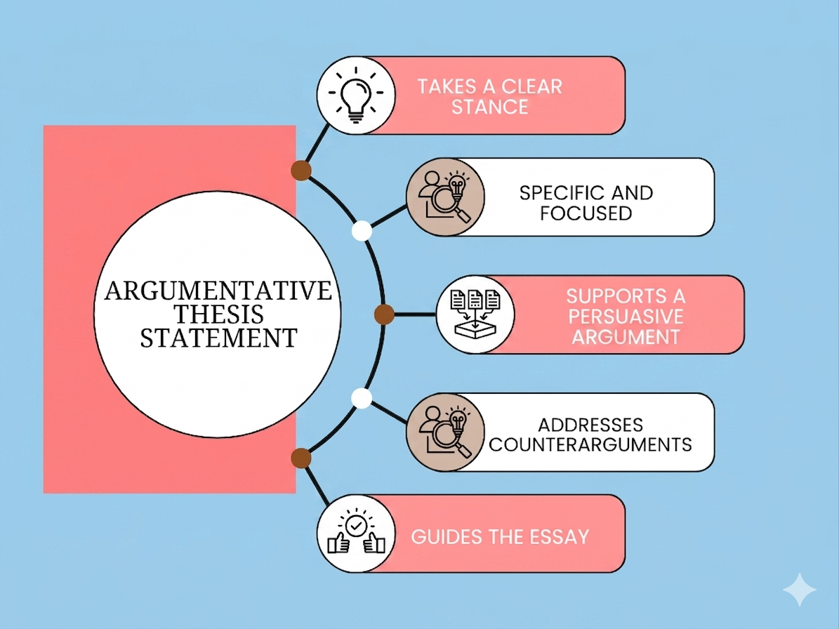 “Argumentative thesis statement infographic showing clear stance, focused topic, persuasive argument, counterarguments, and essay structure guidance.”