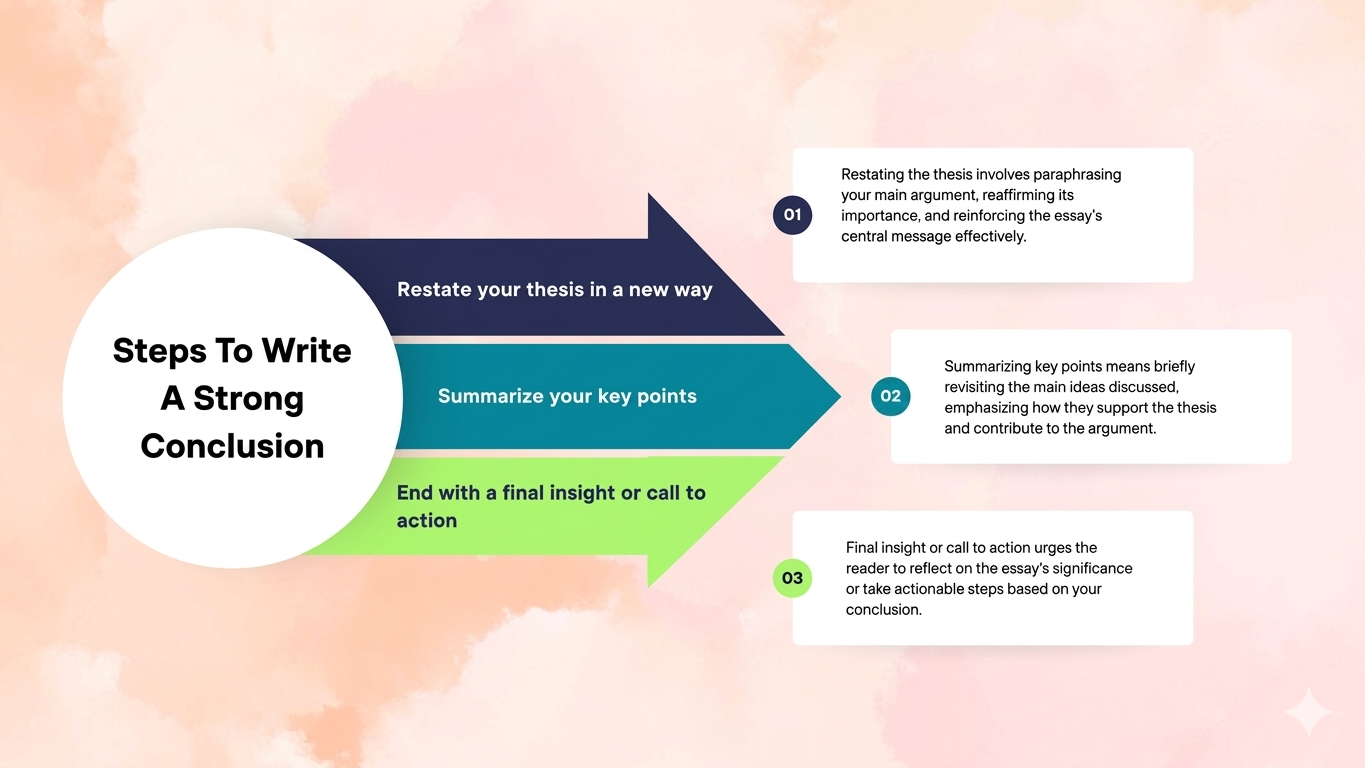“How to write a conclusion in an essay infographic with steps and examples.”