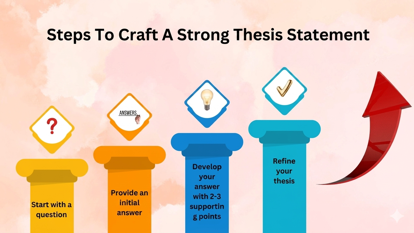 “Infographic outlining steps to write a strong thesis statement, including question, answer, supporting points, and refinement.”