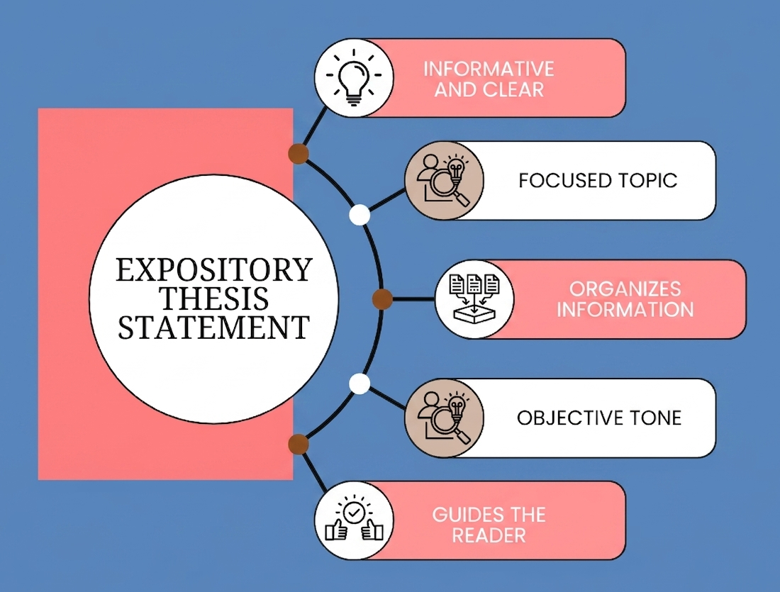 “Expository thesis statement infographic highlighting informative writing, focused topic, organized structure, objective tone, and reader guidance.”