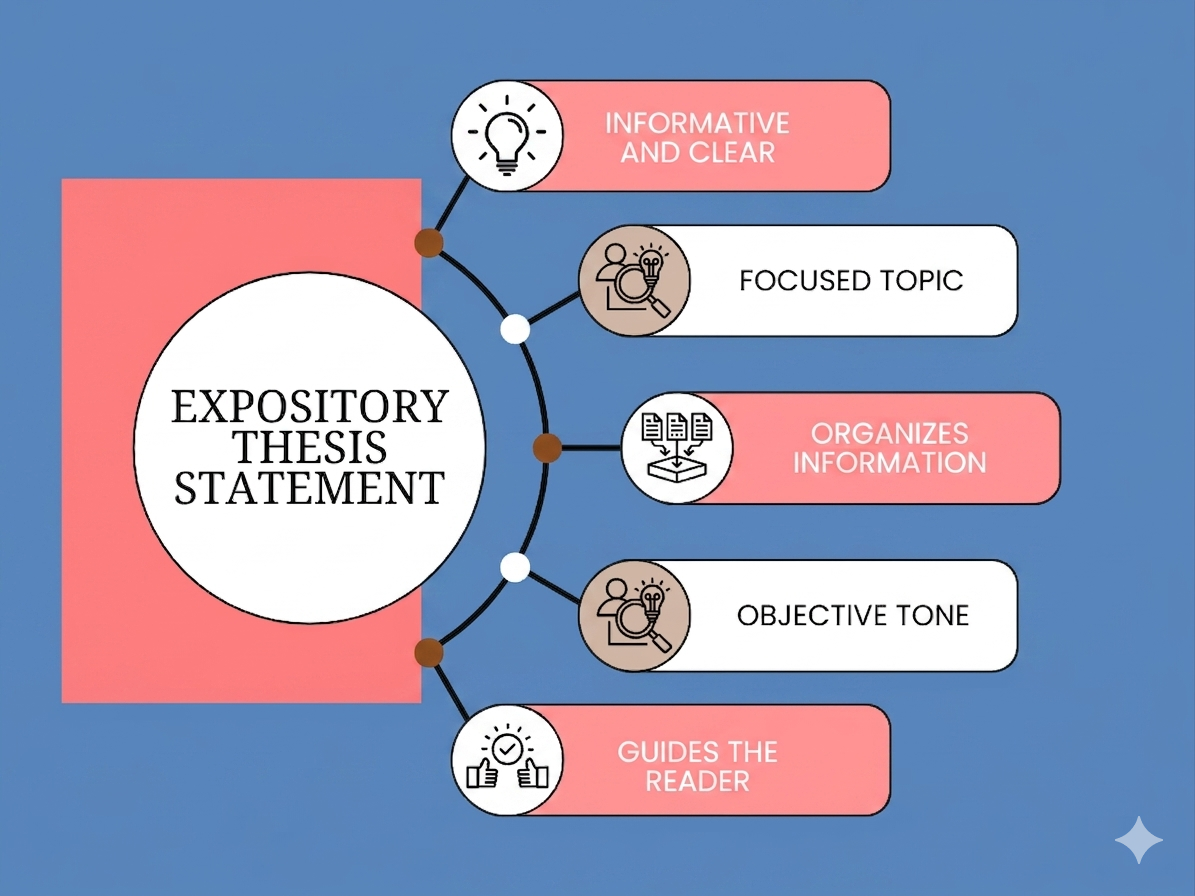 “Expository thesis statement infographic highlighting informative writing, focused topic, organized structure, objective tone, and reader guidance.”