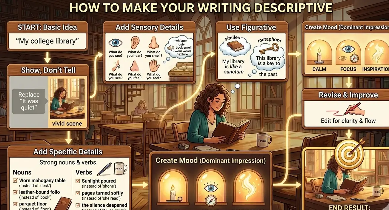 A detailed infographic titled "HOW TO MAKE YOUR WRITING DESCRIPTIVE" that uses a library theme to show a step-by-step flow from a "Basic Idea" to a "Vivid, Engaging Description." It features instructional boxes on sensory details, figurative language, and specific word choices like replacing "desk" with "worn mahogany table."