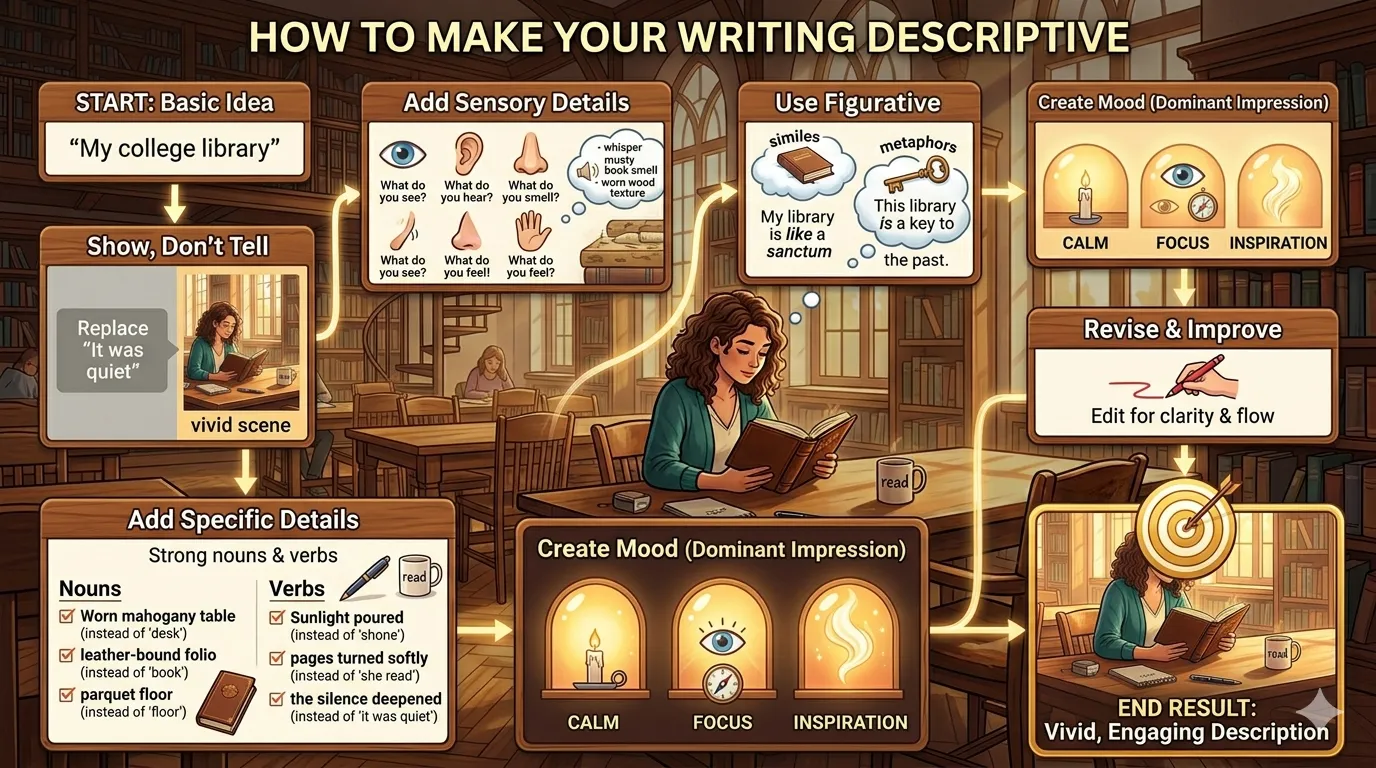A detailed infographic titled "HOW TO MAKE YOUR WRITING DESCRIPTIVE" that uses a library theme to show a step-by-step flow from a "Basic Idea" to a "Vivid, Engaging Description." It features instructional boxes on sensory details, figurative language, and specific word choices like replacing "desk" with "worn mahogany table."
