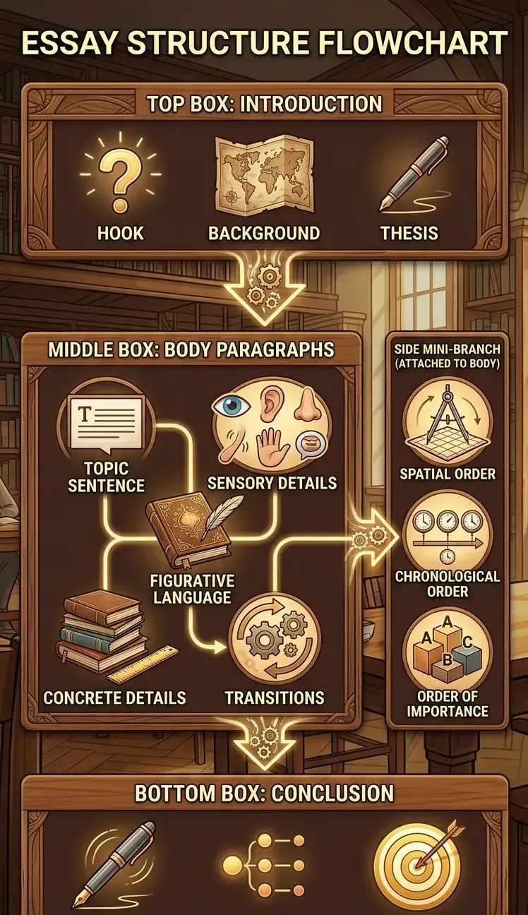 A vertical "ESSAY STRUCTURE FLOWCHART" organized into three wooden-style boxes for the Introduction, Body Paragraphs, and Conclusion. The middle section includes a side branch for organizational methods like Spatial and Chronological order, all set against a warm library backdrop.