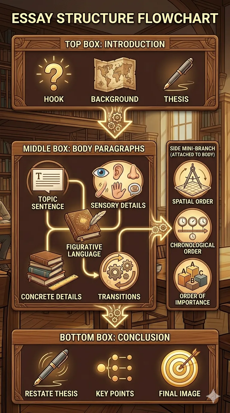A vertical "ESSAY STRUCTURE FLOWCHART" organized into three wooden-style boxes for the Introduction, Body Paragraphs, and Conclusion. The middle section includes a side branch for organizational methods like Spatial and Chronological order, all set against a warm library backdrop.