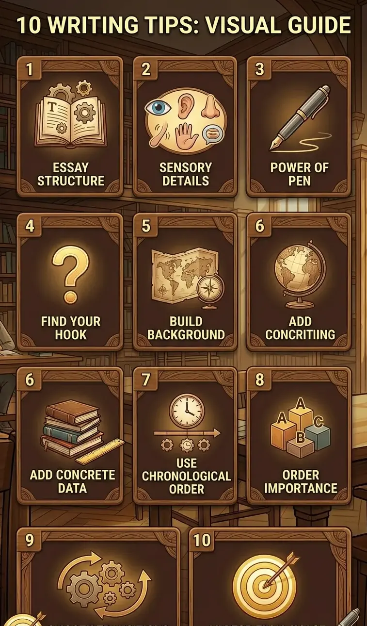 A "10 WRITING TIPS: VISUAL GUIDE" presented as a grid of numbered, wooden-framed cards with golden icons. Each card highlights a specific tip, such as "Sensory Details" or "Smooth Transitions," maintaining a consistent scholarly and warm aesthetic.