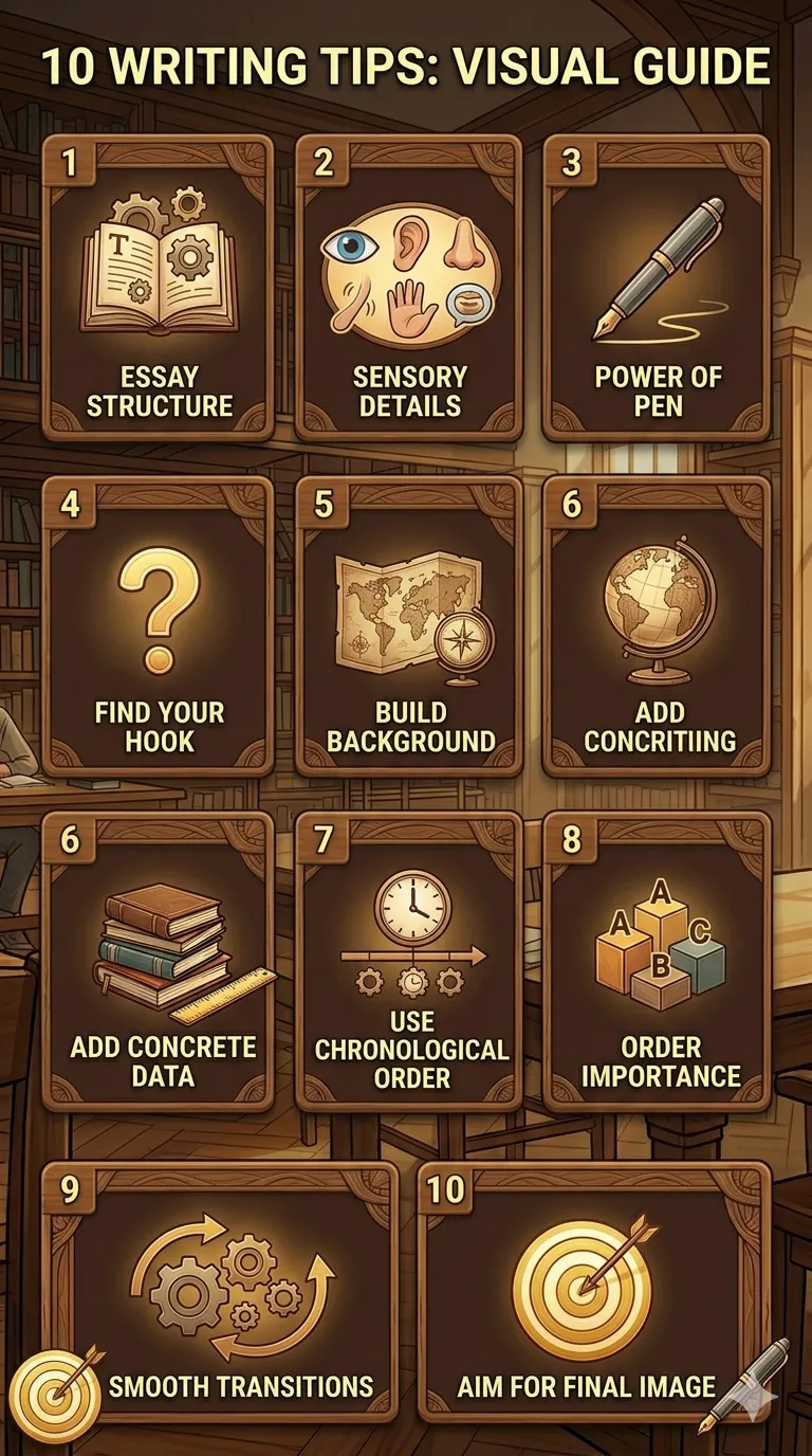 A "10 WRITING TIPS: VISUAL GUIDE" presented as a grid of numbered, wooden-framed cards with golden icons. Each card highlights a specific tip, such as "Sensory Details" or "Smooth Transitions," maintaining a consistent scholarly and warm aesthetic.