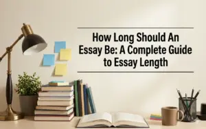 An organized study desk against a cream wall. On the left, a brass desk lamp stands next to a stack of books and a small potted plant. Centered is an open textbook with the bold text "How Long Should An Essay Be: A Complete Guide to Essay Length."