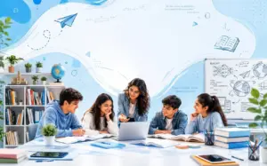 A group of four smiling, young adult students from South Asia are gathered around a table studying. A female tutor in a blue blazer points to a laptop screen, explaining concepts. The room has a white and blue watercolor wall decorated with educational doodles like a paper airplane, a lightbulb, and equations. To the left is a packed bookshelf; to the right, a whiteboard with technical diagrams.