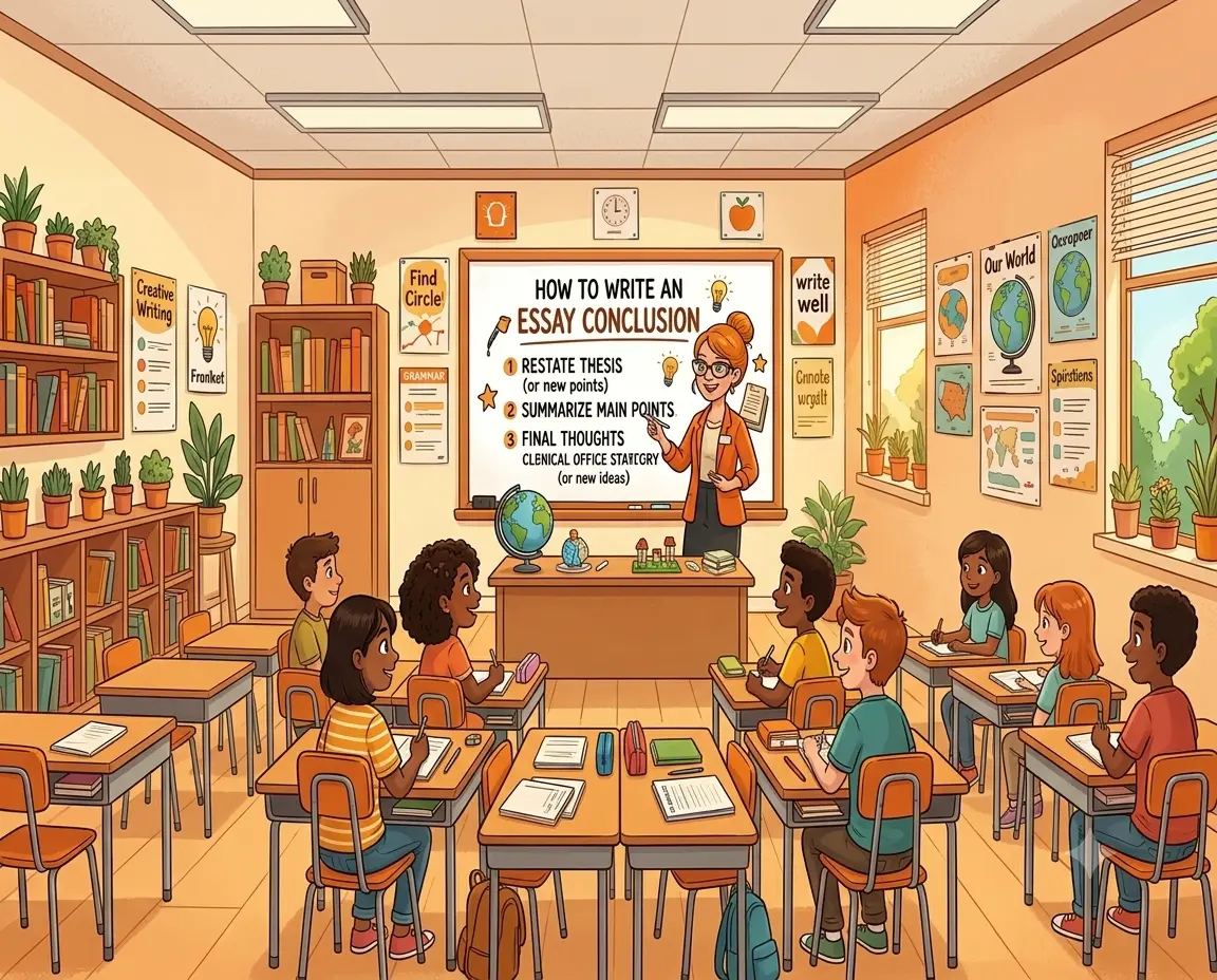 A warm-toned, cartoon-style illustration of a classroom. A female teacher stands by a whiteboard explaining 