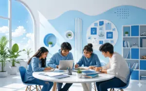 Four young adults are studying around a round white table in a bright, modern room with light blue walls and a large arched window. Two young women and two young men are writing in notebooks and looking at a laptop, smiling. The room features minimalist decor and shelves.