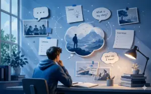 A conceptual photograph shows a person in a blue hoodie from behind, sitting at a desk, looking at a memory wall. The wall features speech bubbles, photos, and sticky notes with text like "Ideas" and "Experiences," centered around a thought cloud containing a hiker on a mountain. Books, a lamp, and a plant are on the desk.
