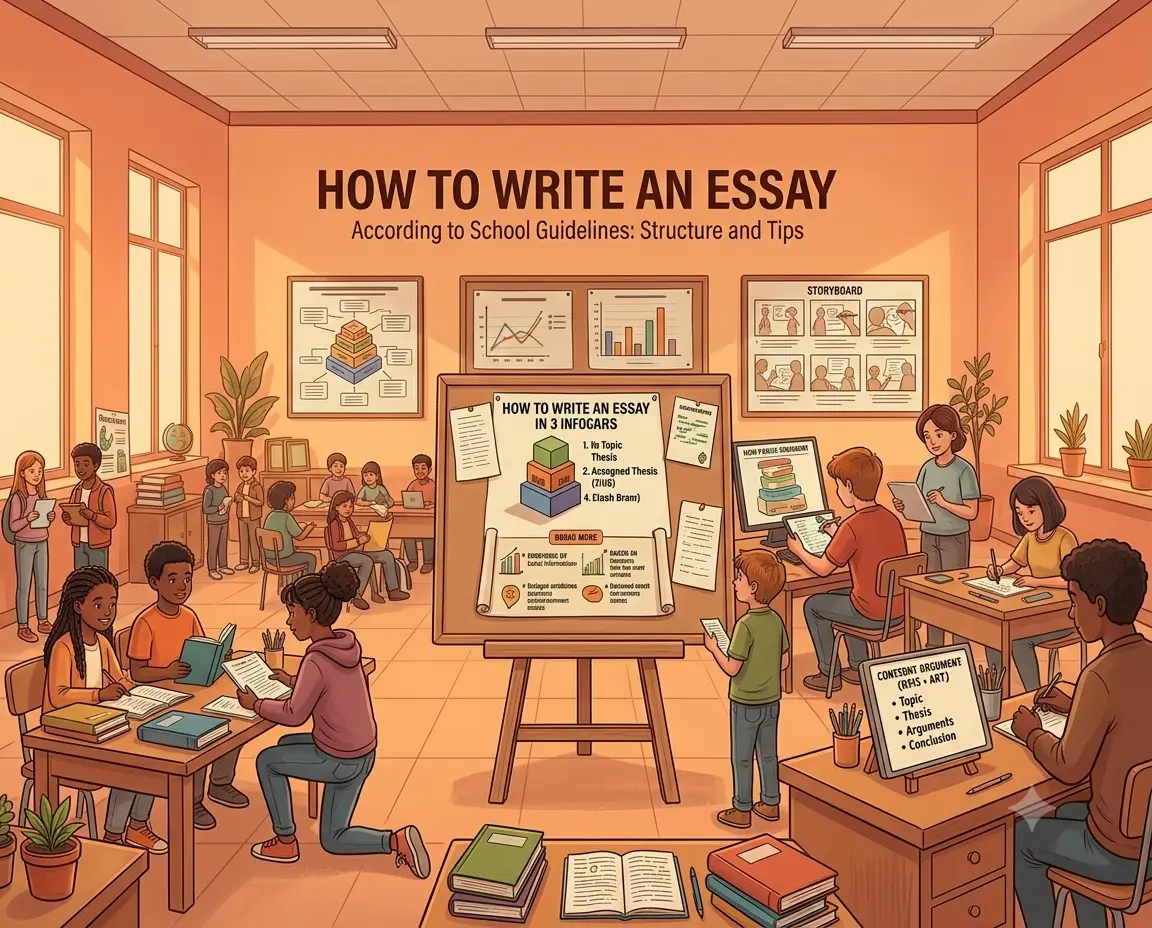An educational illustration of a classroom where diverse students are learning how to write an essay. A central easel displays structure tips, while groups work at desks with laptops and books. The warm, orange-toned room features instructional posters on the walls, creating an organized, collaborative learning environment.