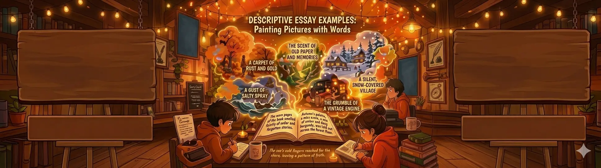 This wide-format illustration shows a cozy library with warm lights and wooden shelves. Two children sit at a central table, writing with quills. From an open book between them, five detailed illustrated descriptive examples (autumn forest, sea spray, old paper scent, vintage engine, and a winter village) float upward, linked by light. Above them, text reads 