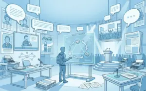 A wide, blue-tinted illustration shows a media and communication studio. A person with a backpack points to a central screen displaying icons for Logos, Ethos, and Pathos, connected by arrows. Surrounding walls are covered in screens showing politicians and crowds, framed posters, floating speech bubbles, and desks with microphones and typewriters.