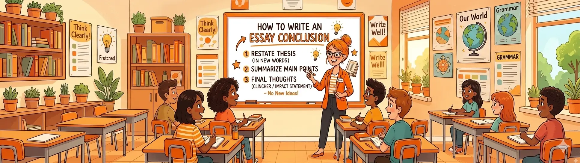 An image depicting a teacher explaining how to write an essay conclusion.