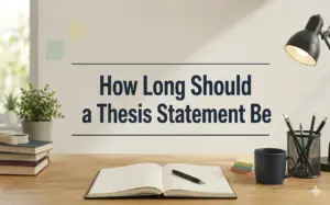 A photo of a wooden desk with writing materials and a central text overlay asking, “How Long Should a Thesis Statement Be.” The desk is organized with an open notebook and pen, a stack of books, a potted succulent, a mug, a pen cup, and a black desk lamp. Sticky notes are affixed to the wall behind the desk.