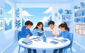 Cartoon-style illustration of four students studying together in a bright sky-blue and white classroom. The scene features books, notebooks, a laptop, and school supplies arranged on a table near a large window with clouds outside. The clean and cheerful academic environment creates a calm, collaborative, and engaging learning atmosphere for students.