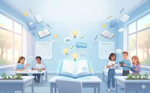 A clean, bright educational banner features a modern classroom in light blue and white tones. In the center, a large open book glows, emitting floating lightbulbs, checkmarks, and "IDEA" and "STRUCTURE" speech bubbles. On both sides, cartoon-style students happily study, brainstorm, and collaborate amidst floating papers and notebooks.