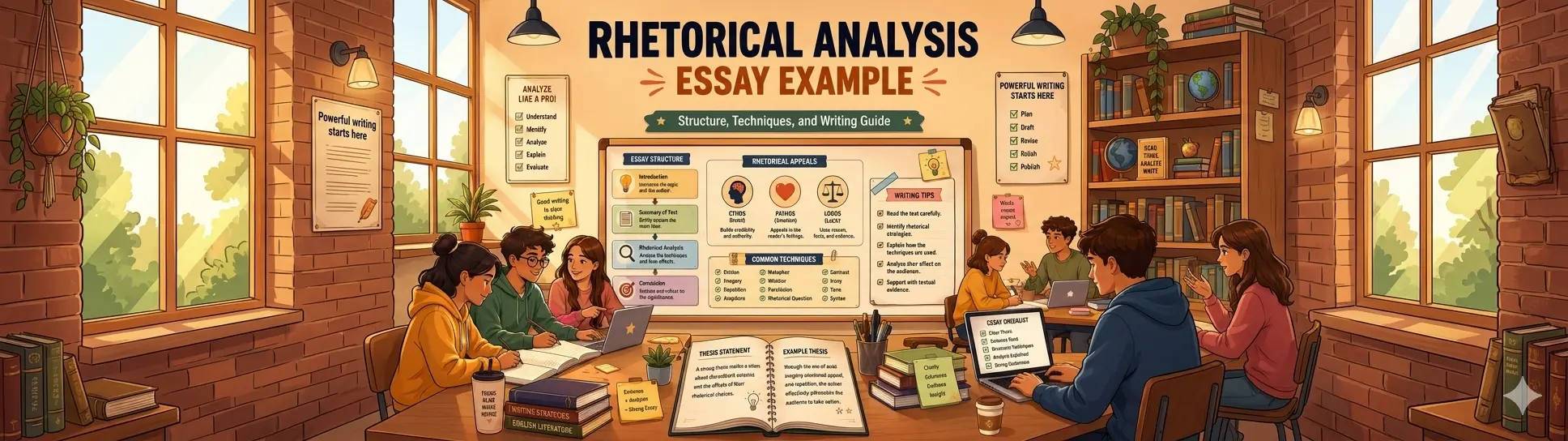 Cartoon-style educational banner showing students collaborating in a warm classroom library while learning rhetorical analysis essay writing. A large central board explains essay structure, rhetorical appeals, writing tips, and thesis statements, surrounded by bookshelves, study materials, and laptops under soft golden lighting.