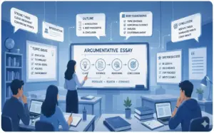 An educational illustration of a classroom scene in shades of blue. A female teacher stands at the front, pointing to a large digital screen titled "ARGUMENTATIVE ESSAY" that displays a flowchart: "CLAIM" (lightbulb icon) to "EVIDENCE" (document icon) to "REASONING" (brain icon) to "CONCLUSION" (target icon). Below the flowchart are the words "PERSUADE • REASON • CONVINCE". Three students are seated at desks in the foreground with laptops and notebooks, attentively watching the lesson. Surrounding the main screen are various hanging boards and signs with text lists detailing elements of writing: "TOPIC IDEAS" (Education, Technology, Social Issues, Politics, Environment), "OUTLINE" (Introduction, Body Paragraphs, Conclusion), "BODY PARAGRAPHS" (Topic Sentence, Supporting Evidence, Analysis, Counterargument), "CONCLUSION" (Restate Thesis, Summarize Points, Leave Impact), "STRONG THESIS", and "TIPS FOR SUCCESS" (Be Logical, Use Evidence, Stay Focused, Write Clearly).