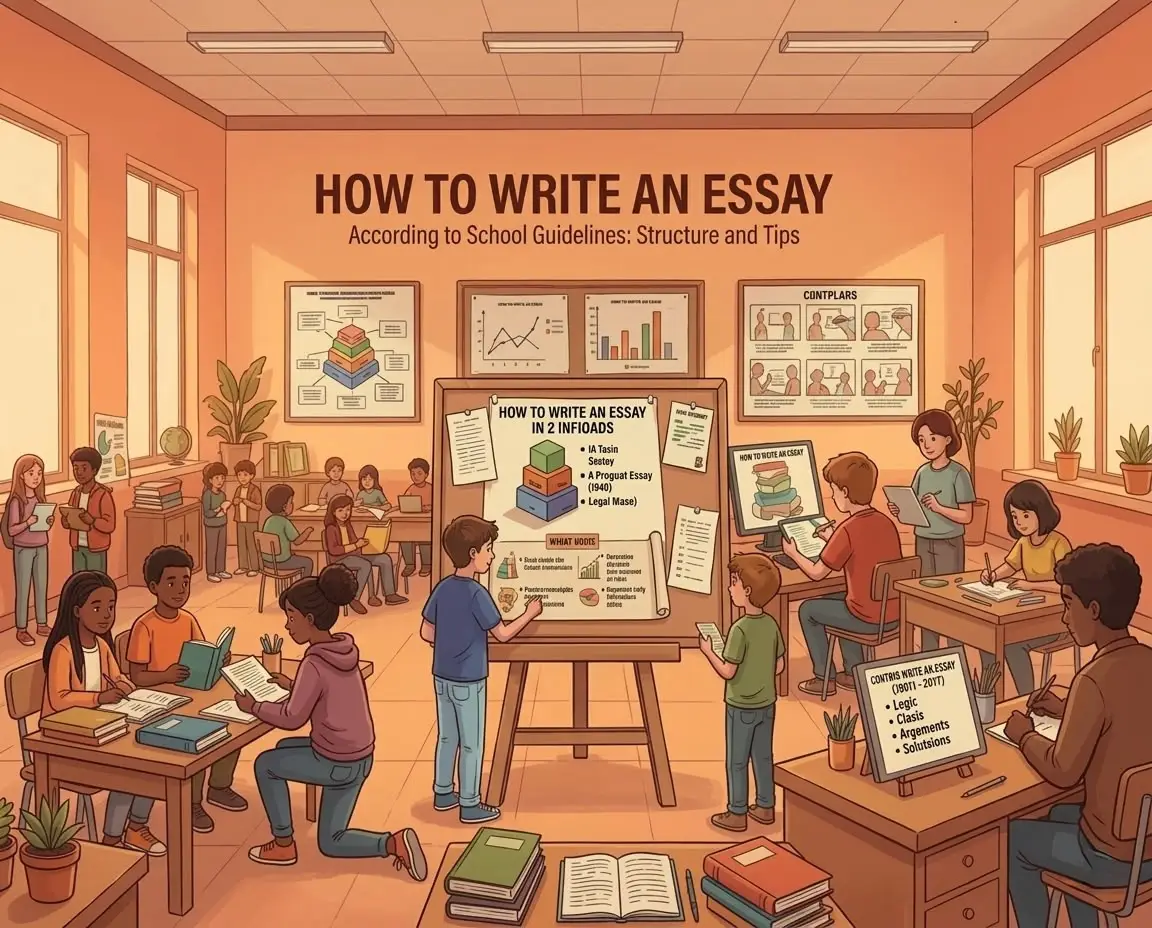 An educational illustration of a classroom where diverse students are learning how to write an essay. A central easel displays structure tips, while groups work at desks with laptops and books. The warm, orange-toned room features instructional posters on the walls, creating an organized, collaborative learning environment.