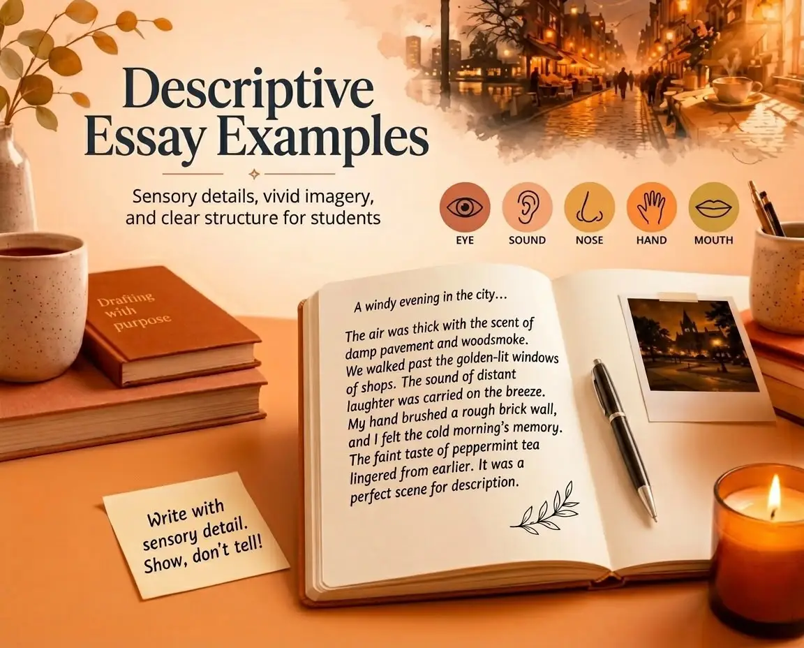 A detailed educational illustration with an orange and brown color palette shows a desk setup with books, a cup of coffee, an alarm clock, and a candle. Above are five sensory icons: eye, ear, nose, hand, and mouth. An open book contains a descriptive essay about 