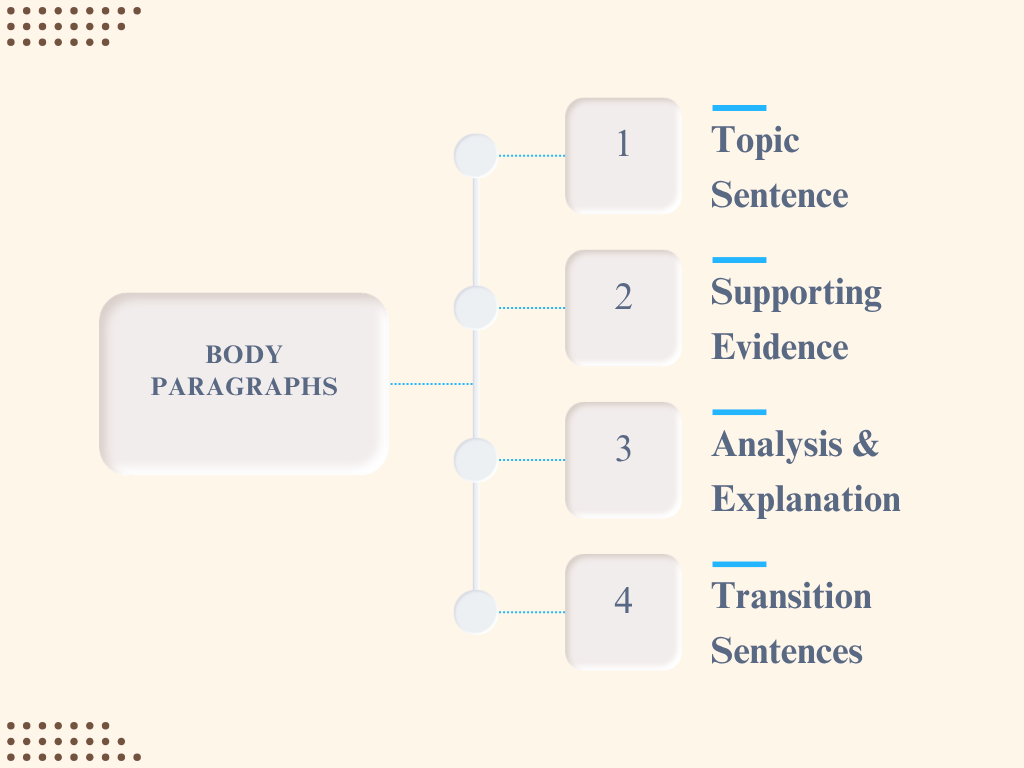 Infographic showing the key components of effective body paragraphs in an essay. A vertical flowchart presents four elements: Topic Sentence, Supporting Evidence, Analysis and Explanation, and Transition Sentences. The clean beige design with blue accents illustrates how body paragraphs develop ideas, support arguments, and create smooth connections between sections.
