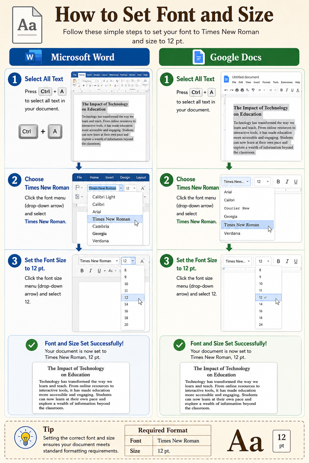 Infographic explaining how to format text using Times New Roman, 12-point font in Microsoft Word and Google Docs. The layout features screenshots of font menus, size selectors, and sample documents. Clear instructions demonstrate selecting all text, choosing the correct font, and applying the required font size for academic papers.
