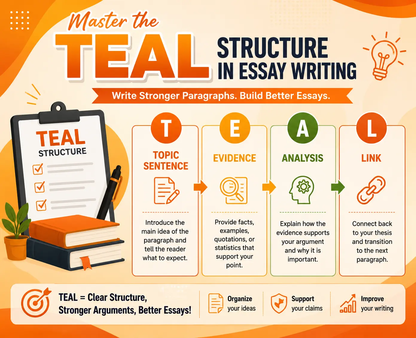 Orange-themed educational infographic banner explaining the TEAL structure in essay writing. The design highlights Topic Sentence, Evidence, Analysis, and Link through colorful visual panels, icons, and concise explanations. Books, a checklist, and academic graphics reinforce learning. The infographic demonstrates how TEAL helps create organized, persuasive, and effective essays.
