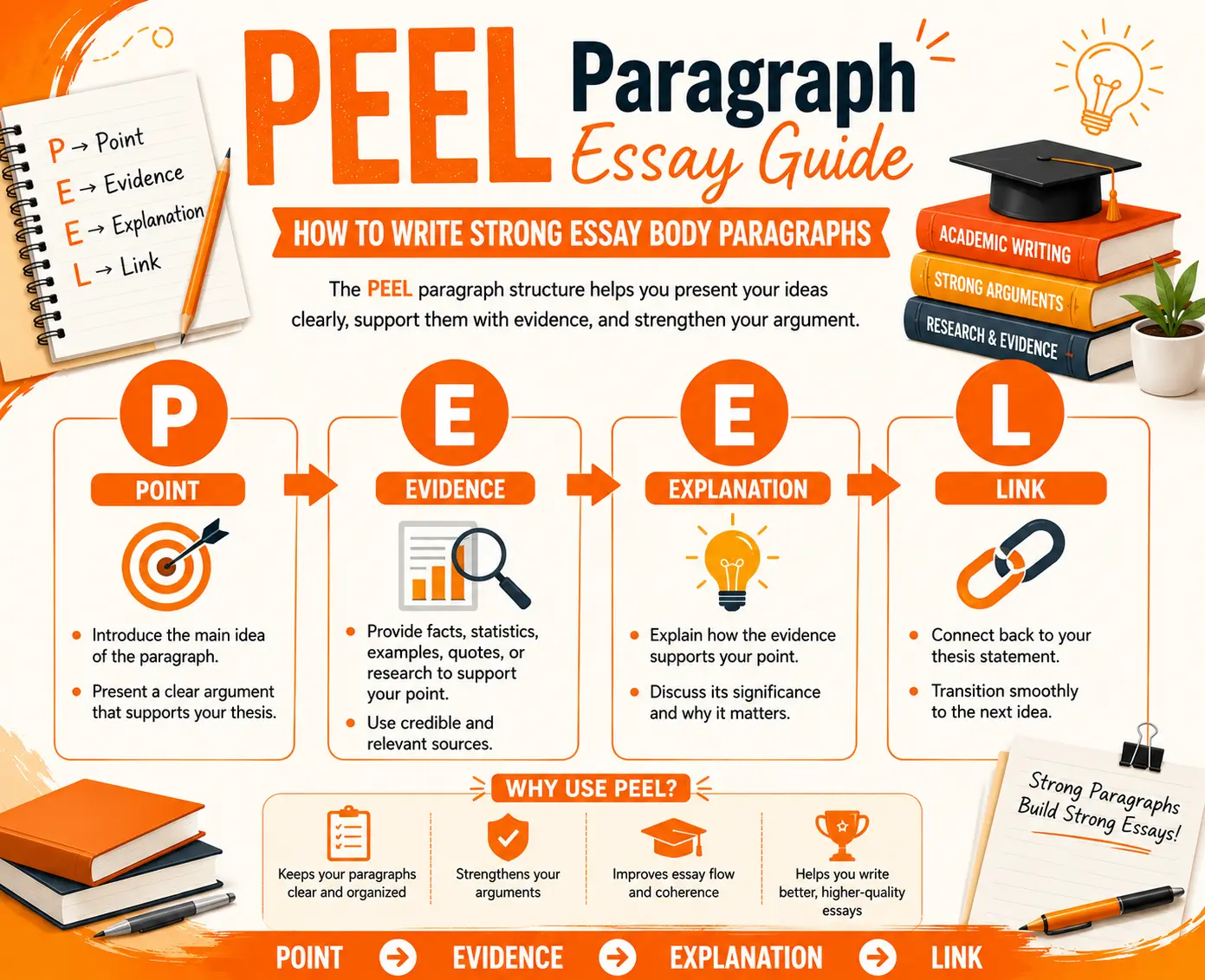 Educational infographic explaining the PEEL paragraph structure for academic essay writing. The visual breaks down Point, Evidence, Explanation, and Link with clear examples, icons, and step-by-step guidance. Designed in an orange theme, the banner helps students understand how the PEEL paragraph structure improves organization, analysis, and argument development.