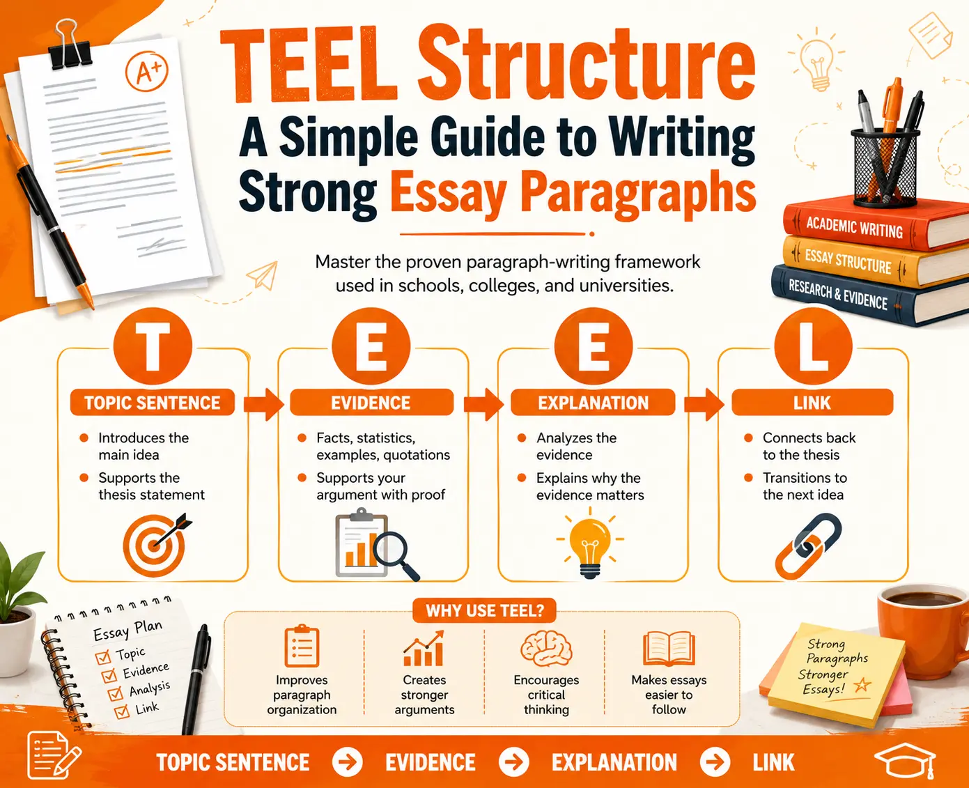 Educational infographic explaining the TEEL paragraph structure for academic writing. The banner visually breaks down a TEEL paragraph into Topic Sentence, Evidence, Explanation, and Link, using orange-themed icons, flow arrows, and writing elements. It highlights paragraph organization, argument development, critical thinking, and effective essay-writing techniques for students.