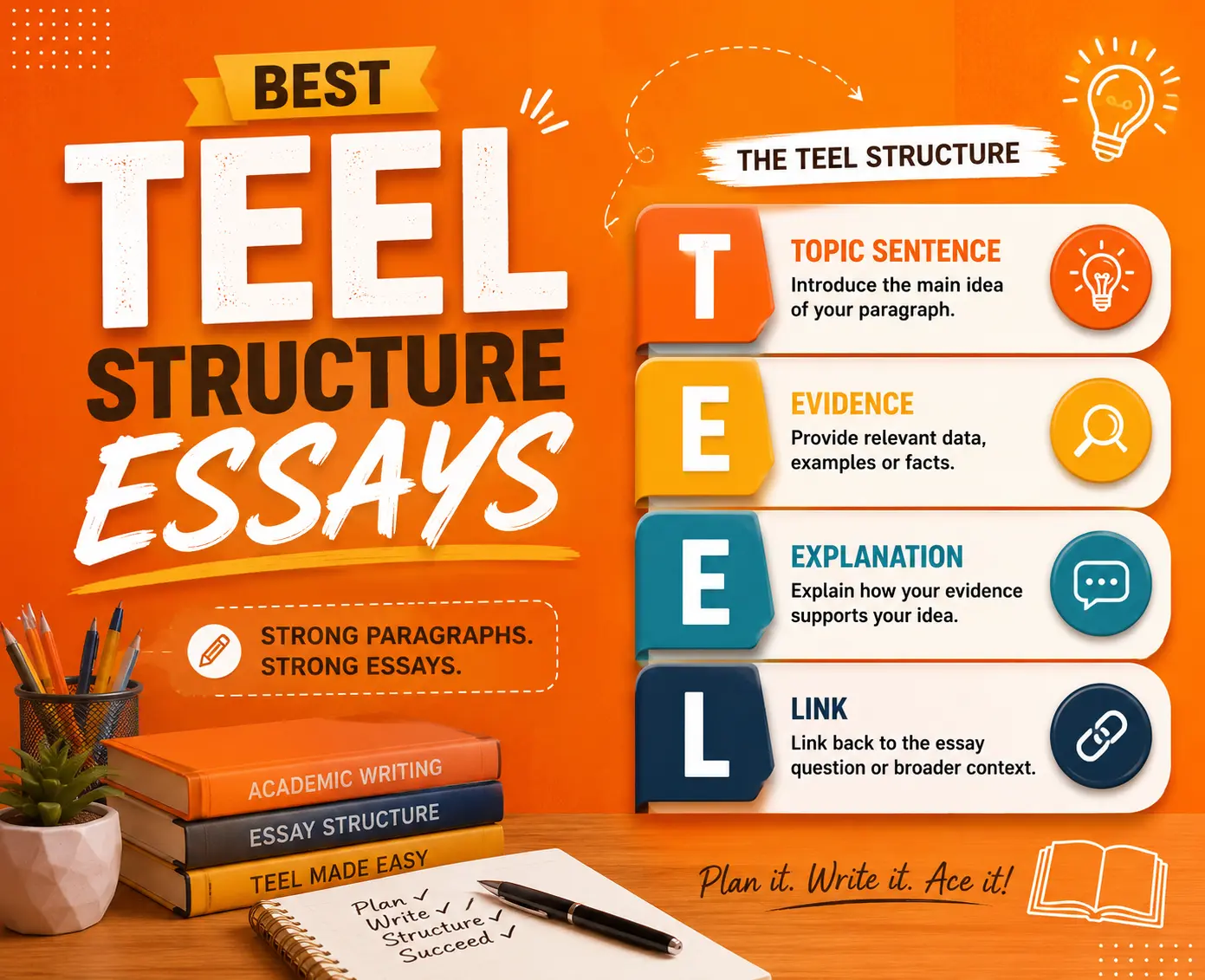 Orange-themed banner illustrating the best TEEL structure essays with a clear infographic explaining the Topic Sentence, Evidence, Explanation, and Link framework. The design features academic books, stationery, and educational icons, helping students understand how to write well-structured essays using the TEEL paragraph format for stronger academic writing.