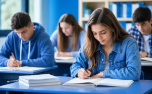 Students attentively studying in a modern classroom with books, notebooks, and bright natural lighting, representing focused academic learning and effective essay writing. The blue and white educational setting reflects concentration, collaboration, and a productive environment, making it an ideal feature image for a guide on best TEEL structure essays and academic writing.