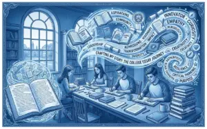 A blue and white monochrome illustration depicting students collaborating on a college essay in a library. An open, oversized book releases a swirling stream of photos, text, and concepts like "Pioneered" and "Catalyzed." In the background, a large arched window looks out onto a classic collegiate campus building.