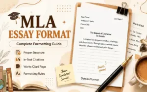 MLA essay format thumbnail featuring a properly formatted MLA paper, Works Cited page, and academic document layout on a beige and light brown background. The educational graphic highlights MLA formatting guidelines, including headers, title placement, double spacing, in-text citations, and source documentation for literature and humanities research papers.
