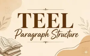 Minimalist beige educational banner featuring the title "TEEL Paragraph Structure" in elegant typography. The design includes subtle academic illustrations, books, and decorative elements that create a professional learning aesthetic. Ideal for content about TEEL paragraph structure, essay writing, paragraph organization, and mastering the TEEL paragraph framework in academic writing.