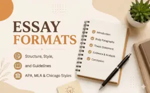 Educational banner about essay formats featuring a notebook, pen, and academic workspace in a beige theme. The image highlights key components of essay formats, including introduction, body paragraphs, thesis statement, evidence and analysis, and conclusion. It also references APA, MLA, and Chicago styles for structured academic writing.