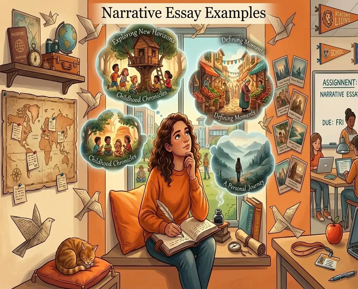 An infographic illustration shows a student in an orange hoodie writing in a journal. Thought bubbles contain narrative examples: a treehouse (