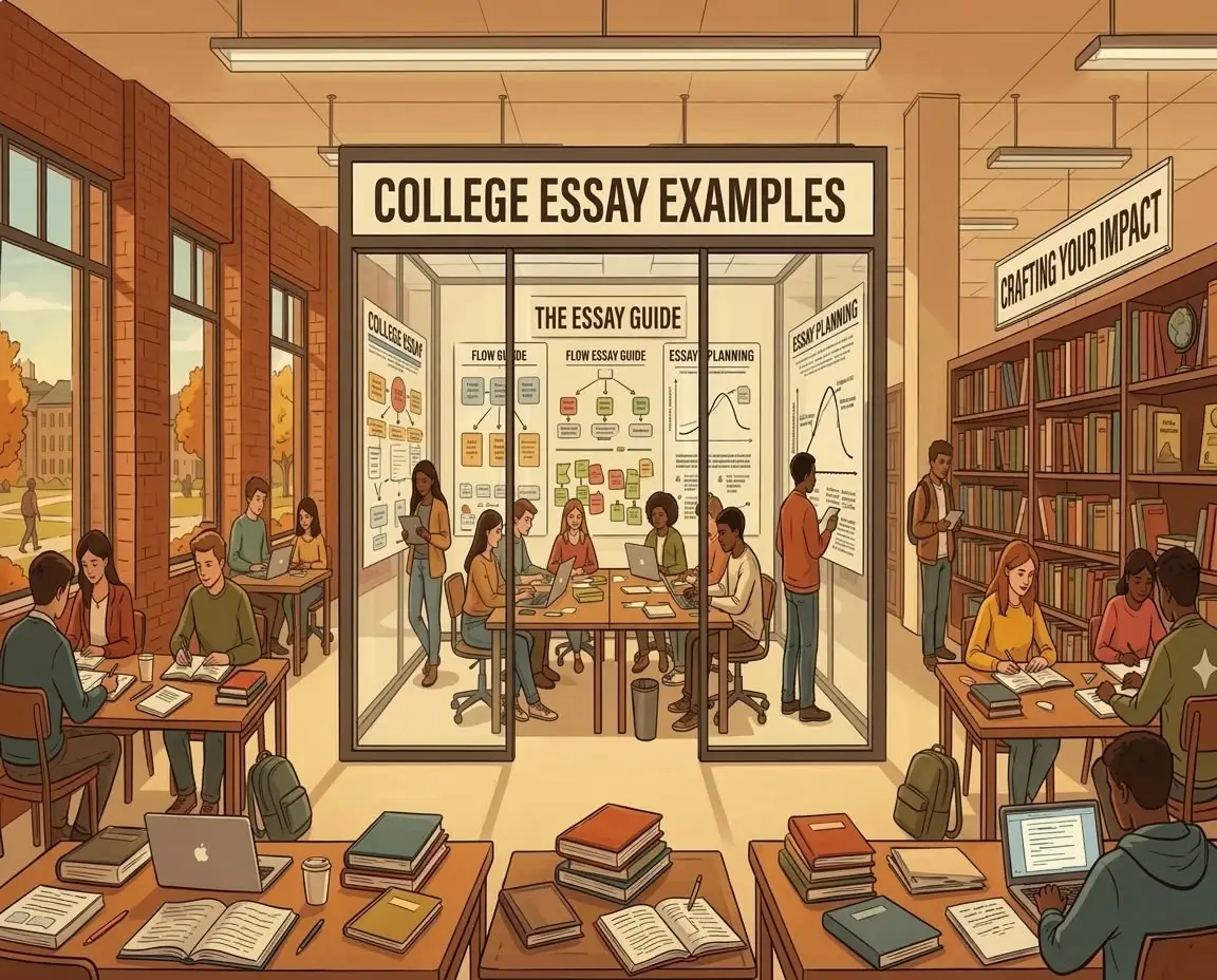 An educational illustration of a college library study area. A central glass room with a 