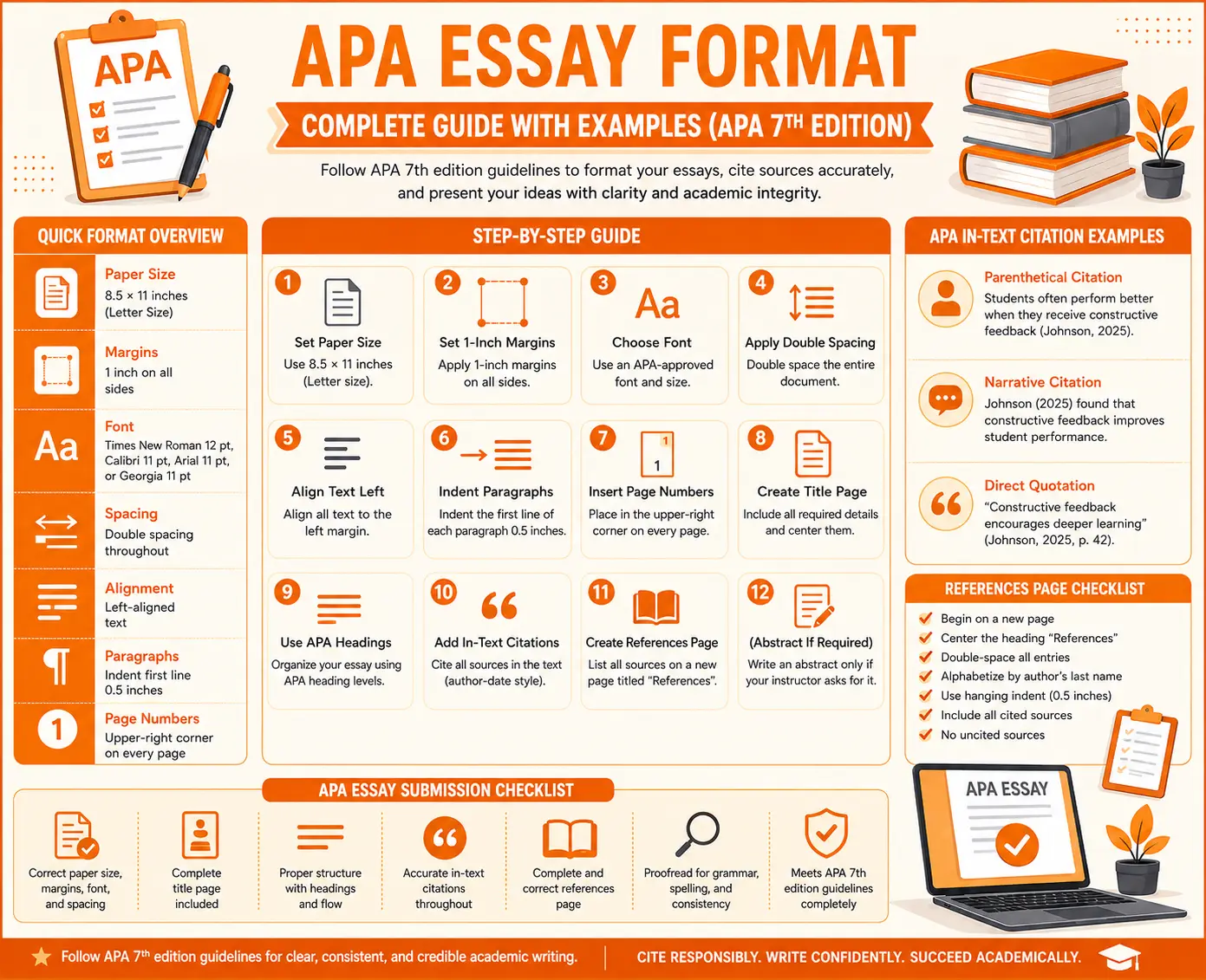 This APA essay format infographic summarizes APA 7th edition guidelines, including paper size, margins, approved fonts, double spacing, title page, headings, in-text citations, references, abstract requirements, and submission checklist. Orange-themed visuals and icons present each formatting step clearly, helping students create well-structured, properly formatted academic essays with confidence.