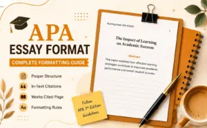 Beige-themed APA essay format banner featuring a clipboard with an APA paper, notebook, pen, coffee cup, and academic icons. The design highlights proper structure, in-text citations, formatting rules, and APA 7th edition guidelines. It provides a clean, professional visual introducing essential APA essay formatting concepts for students and academic writers.