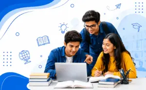 A diverse group of students collaborates around a laptop while studying with books and notebooks in a modern learning environment. The clean blue-and-white theme with subtle educational illustrations creates a professional academic atmosphere, representing teamwork, research, critical thinking, and effective essay writing for students in schools, colleges, and universities.